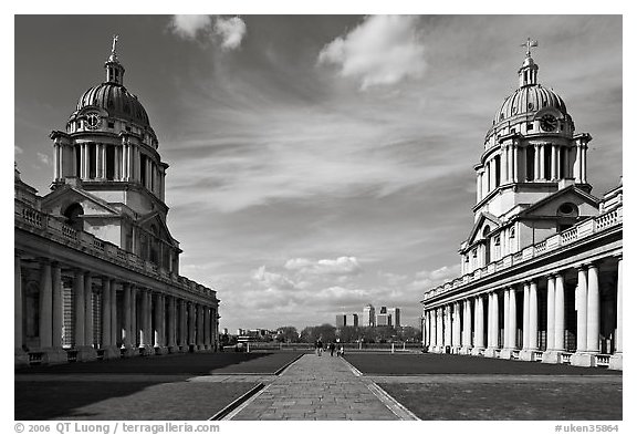 Symetrical domes of the Old Royal Naval College, designed by Christopher Wren. Greenwich, London, England, United Kingdom