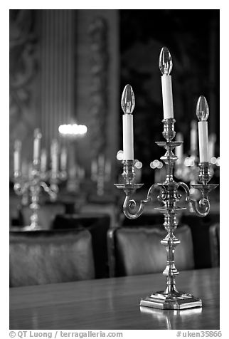 Chandeliers in the Painted Hall of Old Royal Naval College. Greenwich, London, England, United Kingdom (black and white)