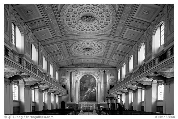 Chapel interior with richly decorated ceiling, Greenwich University. Greenwich, London, England, United Kingdom (black and white)