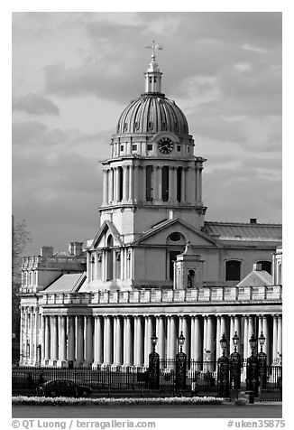 Dome of the Old Royal Naval College. Greenwich, London, England, United Kingdom (black and white)