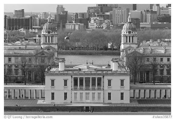 Queen's House, Greenwich Old Royal Naval College, and Thames River. Greenwich, London, England, United Kingdom