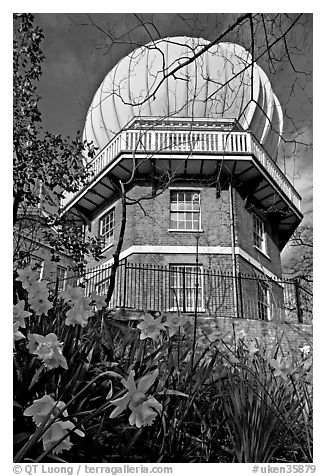 Royal Greenwich Observatory and daffodils. Greenwich, London, England, United Kingdom (black and white)