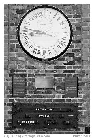 Shepherd 24-hour gate clock, and public standard of length, Royal Observatory. Greenwich, London, England, United Kingdom (black and white)