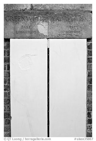 Greenwich meridian, or Prime meridian, the basis of Longitude, Royal Observatory. Greenwich, London, England, United Kingdom (black and white)