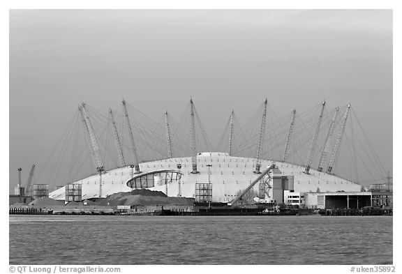 Millenium Dome at sunset. Greenwich, London, England, United Kingdom (black and white)