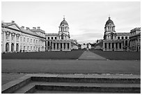 Grand Square, Old Royal Naval College, sunset. Greenwich, London, England, United Kingdom (black and white)