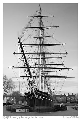 Cutty Sark with wind blowing upon flags. Greenwich, London, England, United Kingdom (black and white)