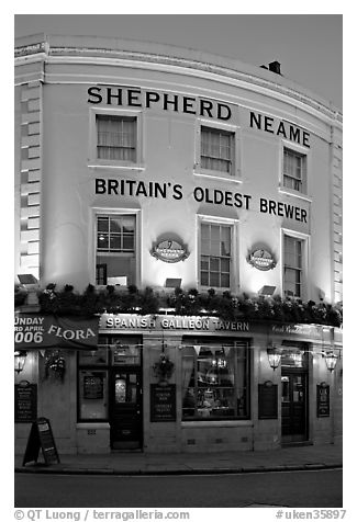 Spanish Galleon Tavern and  Shepherd Neame brewer, Britain's oldest. Greenwich, London, England, United Kingdom (black and white)