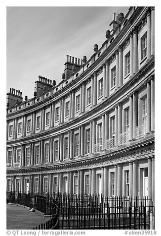 Indentical curved facades with three orders of architecture on each floor, the Royal Circus. Bath, Somerset, England, United Kingdom (black and white)