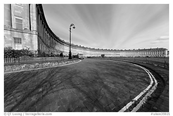 Wide view showing the whole Royal Crescent terrace. Bath, Somerset, England, United Kingdom (black and white)