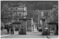 Gate at the entrance of Royal Victoria gardens, and street. Bath, Somerset, England, United Kingdom (black and white)