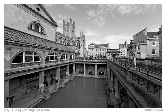 Pool of the Roman Bath, colored by green algae because of the loss of original roof. Bath, Somerset, England, United Kingdom