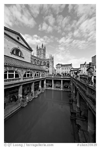 Main Pool of the Roman Bath. Bath, Somerset, England, United Kingdom (black and white)