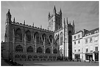 Public square and Bath Abbey, late afternoon. Bath, Somerset, England, United Kingdom (black and white)