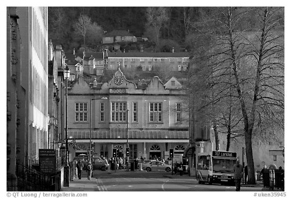 Street and train station, late afternoon. Bath, Somerset, England, United Kingdom