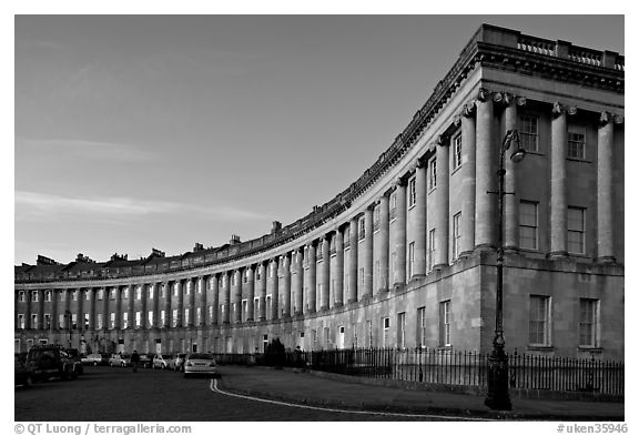 Royal Crescent, sunset. Bath, Somerset, England, United Kingdom (black and white)