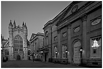 Pump Room, Roman Bath, and Abbey, dusk. Bath, Somerset, England, United Kingdom ( black and white)