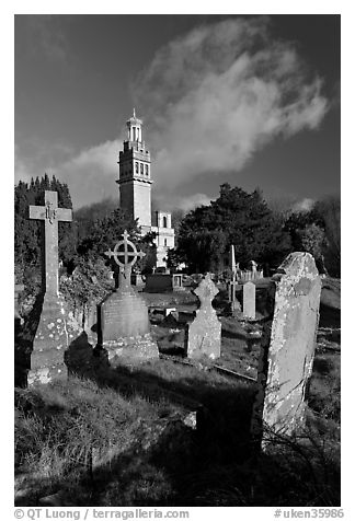 Victorian cemetery and Beckford tower. Bath, Somerset, England, United Kingdom (black and white)