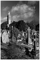 Old tombs in cemetery next to Beckford tower. Bath, Somerset, England, United Kingdom (black and white)