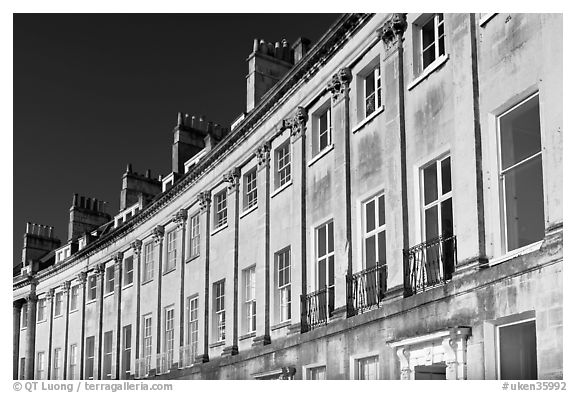 Detail of the Lansdown Crescent Crescent townhouses. Bath, Somerset, England, United Kingdom (black and white)