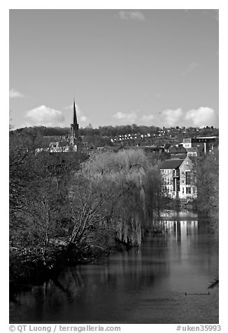 River Avon, willows, and church spire. Bath, Somerset, England, United Kingdom (black and white)