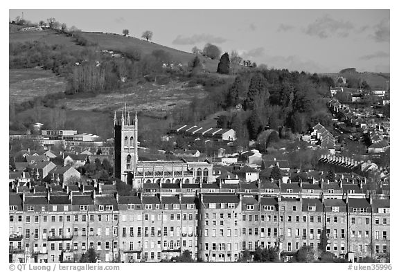 Townhouses, church and hill. Bath, Somerset, England, United Kingdom