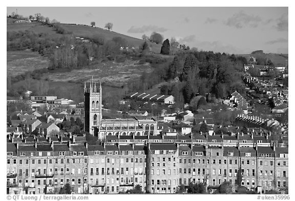 Townhouses, church and hill. Bath, Somerset, England, United Kingdom (black and white)