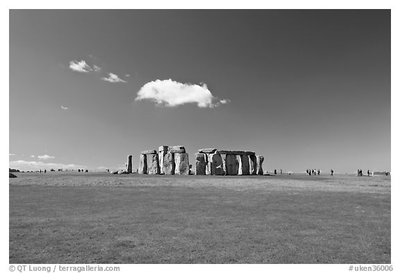 Circle of megaliths standing on the Salisbury Plain, Stonehenge, Salisbury. England, United Kingdom (black and white)