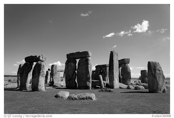 Circle with stone lintels, Stonehenge, Salisbury. England, United Kingdom (black and white)