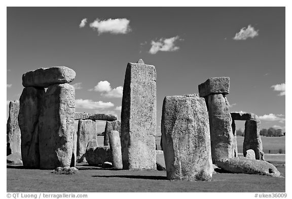 Sarsen trilithons surrounded by bluestones, Stonehenge, Salisbury. England, United Kingdom (black and white)