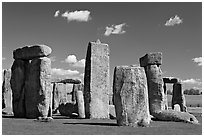 Sarsen trilithons surrounded by bluestones, Stonehenge, Salisbury. England, United Kingdom ( black and white)