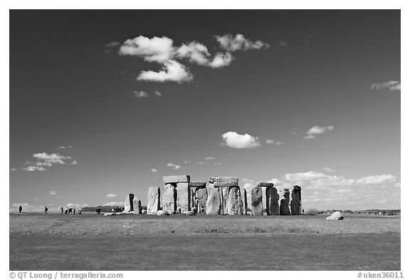 Standing stone circle, ditch and Salisbury Plain, Stonehenge, Salisbury. England, United Kingdom (black and white)