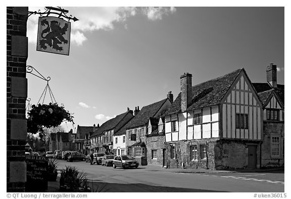 One of the four main streets  of National Trust village of Lacock. Wiltshire, England, United Kingdom (black and white)