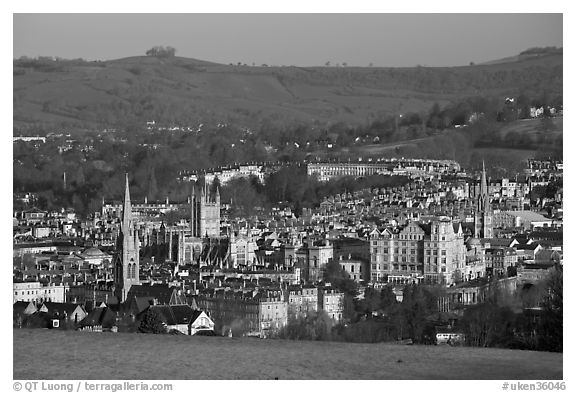 City center and hills from above, early morning. Bath, Somerset, England, United Kingdom