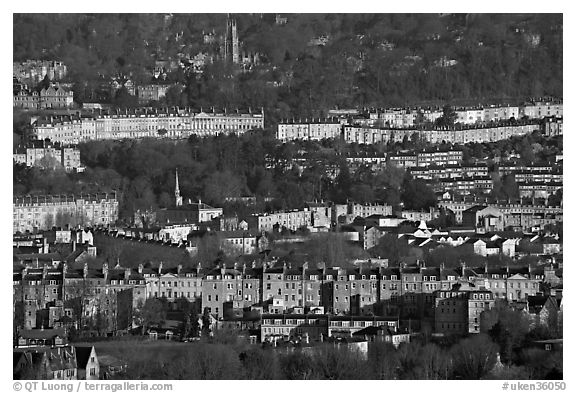 Distant view of rows of typical Georgian terraces. Bath, Somerset, England, United Kingdom