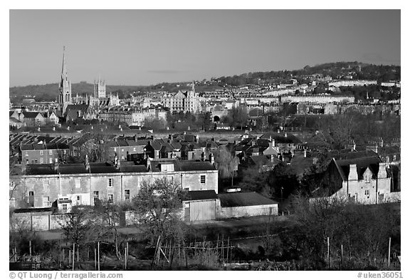 Bath skyline, seen from communal gardens. Bath, Somerset, England, United Kingdom (black and white)