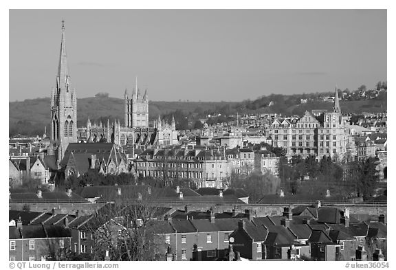 Elevated view of city center with church and abbey. Bath, Somerset, England, United Kingdom