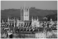 Bath Abbey rising over 18th century buildings. Bath, Somerset, England, United Kingdom (black and white)