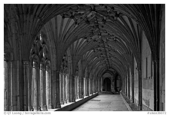 Great Cloister gallery, Canterbury Cathedral. Canterbury,  Kent, England, United Kingdom (black and white)