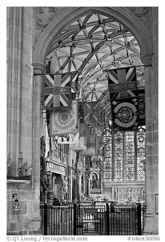 Warrior's Chapel with colours of the Princess of Wales Royal Regiment, Canterbury Cathedral. Canterbury,  Kent, England, United Kingdom (black and white)