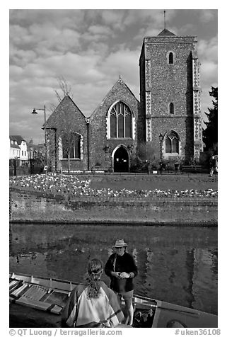 Rowboat, River Stour, Guildhall (former Holy Cross church). Canterbury,  Kent, England, United Kingdom (black and white)