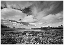 Clouds, tundra, and lake along Denali Highway in autumn. Alaska, USA (black and white)