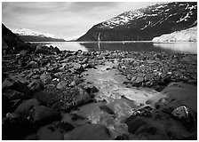 Stream, fjord, glacier, and waterfall, Barry Arm. Prince William Sound, Alaska, USA (black and white)