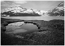 Pond, mountains, and glaciers across Harriman Fjord. Prince William Sound, Alaska, USA (black and white)