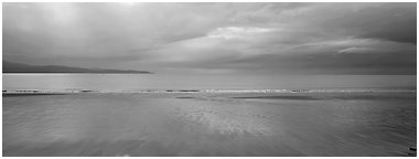 Seascape with wet beach and clouds. Homer, Alaska, USA (Panoramic black and white)