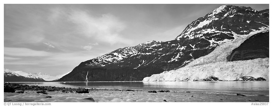 Landscape with tidewater glacier and waterfall. Prince William Sound, Alaska, USA (black and white)