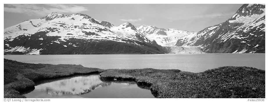 Fjord with snowy mountains. Prince William Sound, Alaska, USA (black and white)