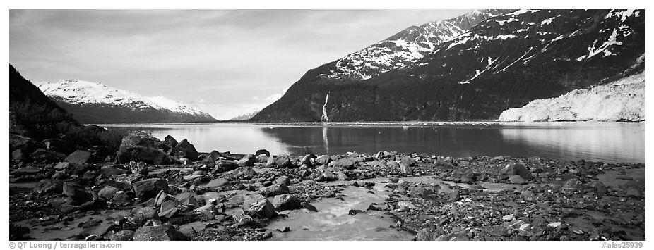 Fjord seascape with tidewater glacier. Prince William Sound, Alaska, USA (black and white)