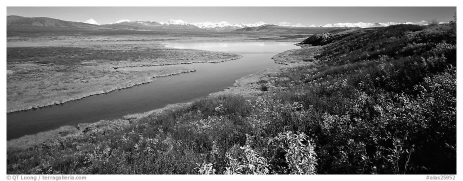 Tundra, lake, and mountains in autumn. Alaska, USA (black and white)