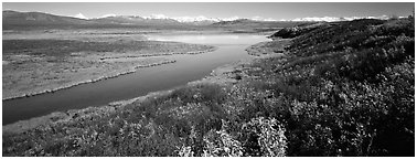 Tundra, lake, and mountains in autumn. Alaska, USA (Panoramic black and white)